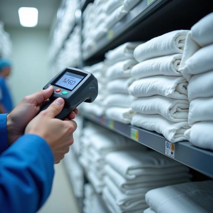 Profissional a utilizar tecnologia RFID para rastrear têxteis numa lavandaria industrial